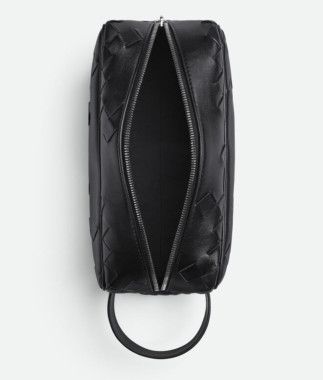 Pouch in smooth and Intrecciato silky calf leather with handle, featuring an archival all-over d&eacute;grad&eacute; effect., , hi-res