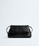 Pouch in Intrecciato leather with flap and drawstring closure, featuring a loop attachment for shoulder carry., , hi-res