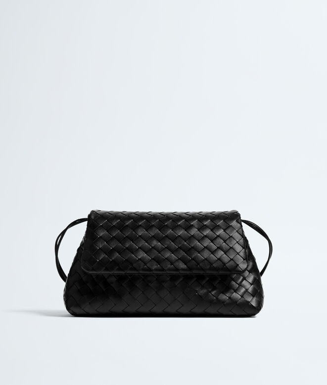 Pouch in Intrecciato leather with flap and drawstring closure, featuring a loop attachment for shoulder carry., , hi-res