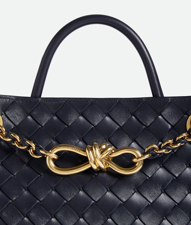 Top handle bag in Intrecciato leather with signature knot detail and tubular leather braided metal chain., , hi-res