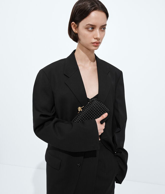 Minaudi&egrave;re clutch in Intreccio satin, featuring a sleek signature knot closure., , hi-res