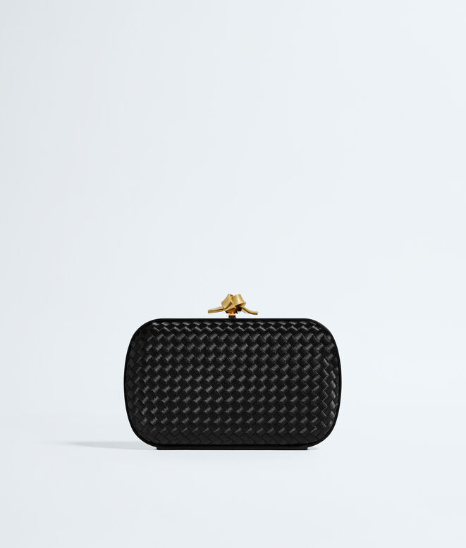 Minaudi&egrave;re clutch in Intreccio satin, featuring a sleek signature knot closure., , hi-res