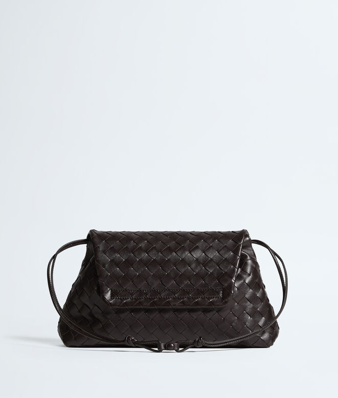 Pouch in Intrecciato leather with flap and drawstring closure, featuring a loop attachment for shoulder carry. , , hi-res