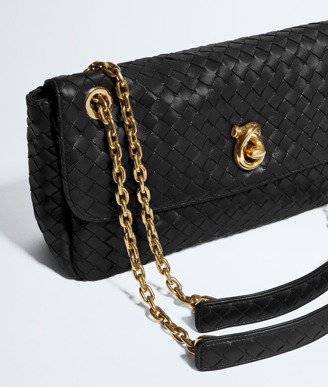 Shoulder bag in Intrecciato leather with malleable memory flap, sculptural knot closure and sliding cross-body chain, featuring a leather shoulder pad., , hi-res
