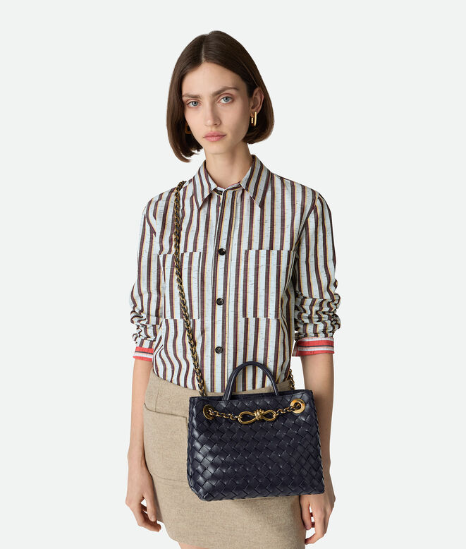 Top handle bag in Intrecciato leather with signature knot detail and tubular leather braided metal chain., , hi-res