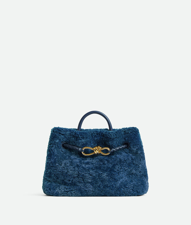 Top handle bag in merino shearling with denim effect. Featuring signature knot detail and sliding cross-body strap., , hi-res