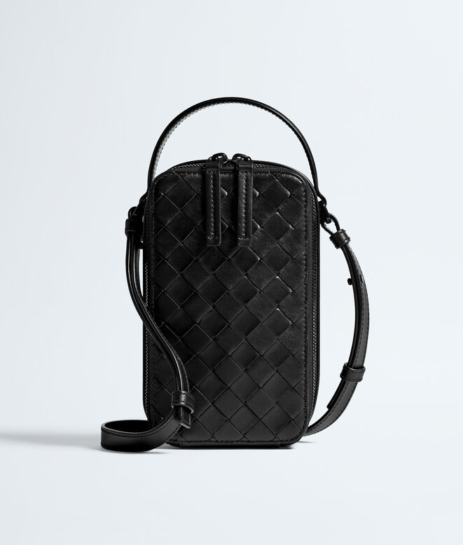 Phone pouch in Intrecciato calf leather, featuring a handle and an adjustable cross-body strap., , hi-res
