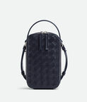 Phone pouch in Intrecciato calf leather with handle and adjustable cross-body strap.