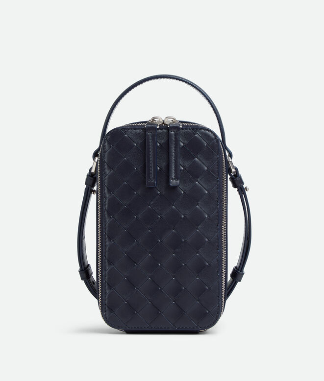 Phone pouch in Intrecciato calf leather with handle and adjustable cross-body strap., , hi-res