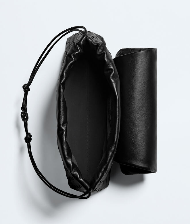 Pouch in Intrecciato leather with flap and drawstring closure, featuring a loop attachment for shoulder carry., , hi-res