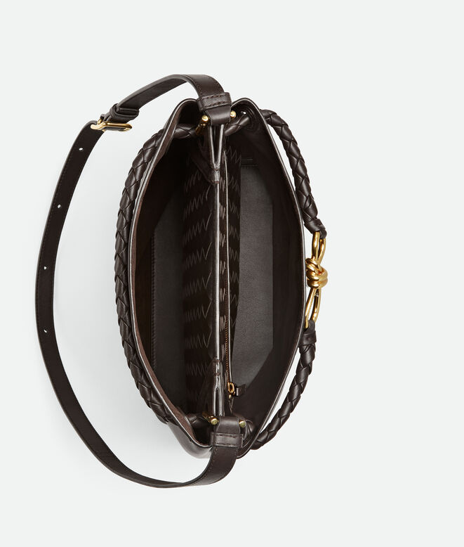 Bucket bag in silky calf leather with signature knot detail and sliding shoulder strap., , hi-res