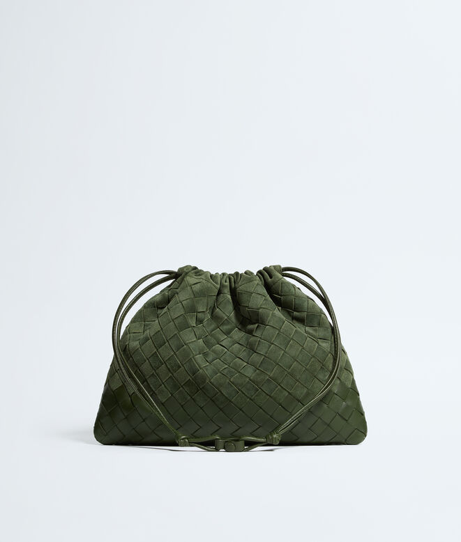 Dustbag in Intrecciato suede and nappa leather with drawstring closure and loop attachment for shoulder carry., , hi-res