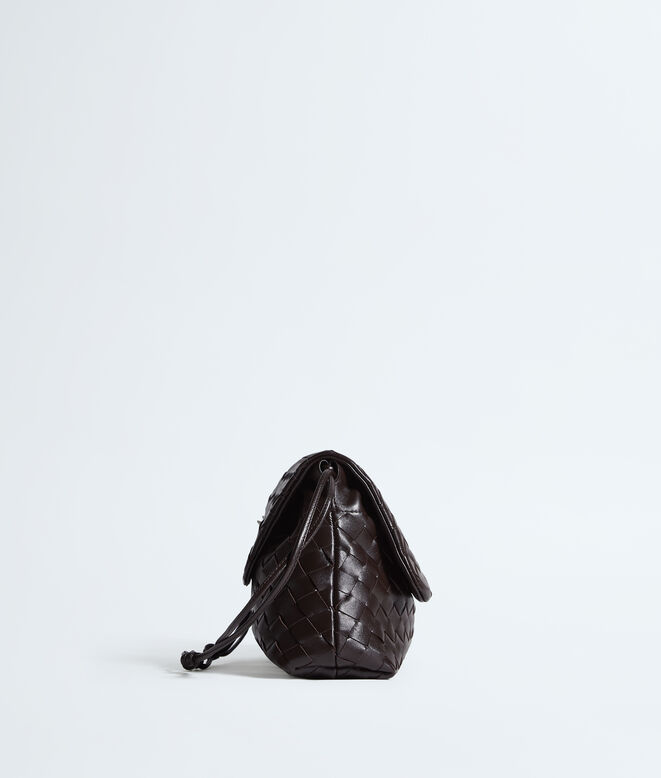 Pouch in Intrecciato leather with flap and drawstring closure, featuring a loop attachment for shoulder carry. , , hi-res
