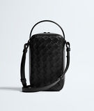 Phone pouch in Intrecciato calf leather, featuring a handle and an adjustable cross-body strap., , hi-res