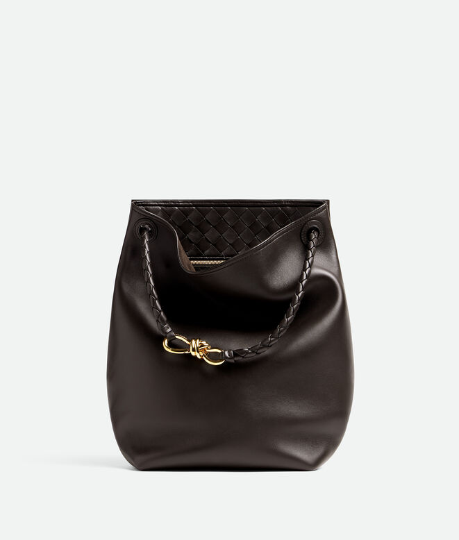 Bucket bag in silky calf leather with signature knot detail and sliding shoulder strap., , hi-res