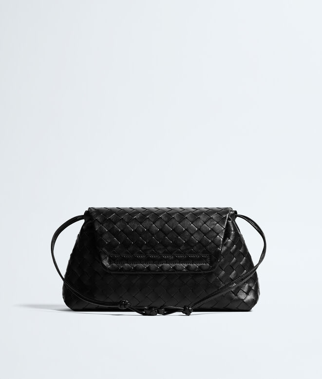 Pouch in Intrecciato leather with flap and drawstring closure, featuring a loop attachment for shoulder carry., , hi-res