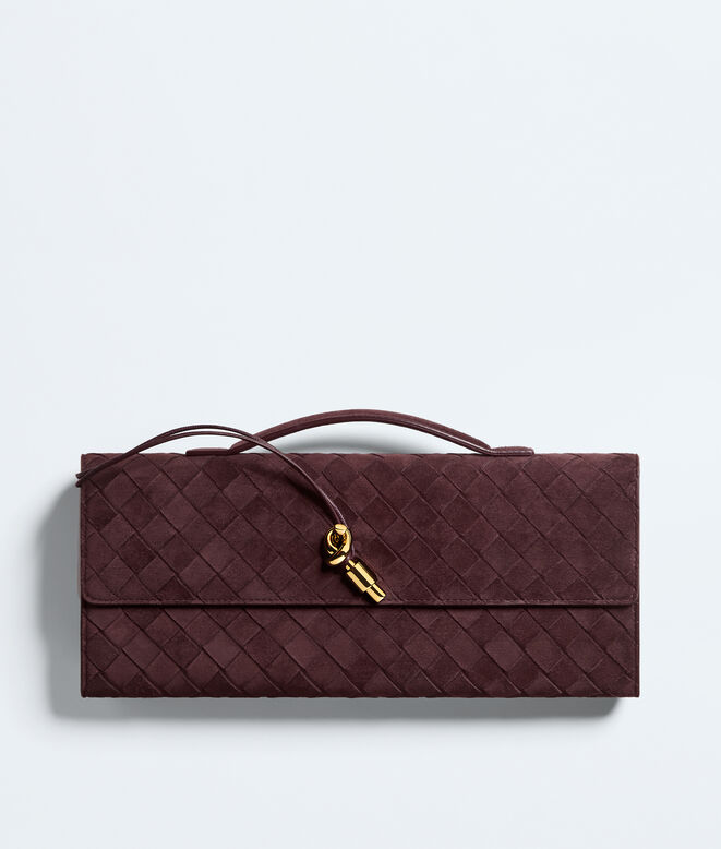 Top handle clutch in supple Intrecciato suede with signature knot closure., , hi-res