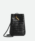 Phone pouch in Intrecciato nappa leather with signature knot closure and sliding strap.
