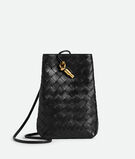 Phone pouch in Intrecciato nappa leather with signature knot closure and sliding strap., , hi-res