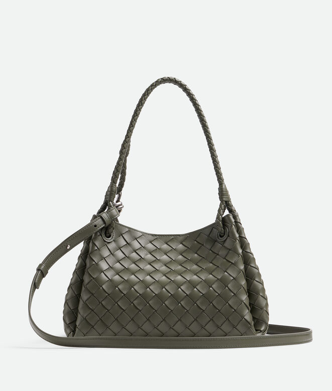 Shoulder bag in supple Intrecciato leather with signature knot detail and detachable cross-body strap., , hi-res