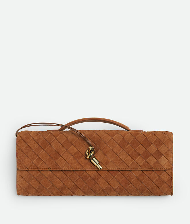 Top handle clutch in Intrecciato suede with signature knot closure., , hi-res