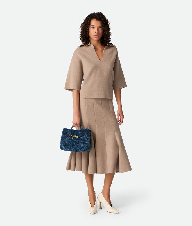 Top handle bag in merino shearling with denim effect. Featuring signature knot detail and sliding cross-body strap., , hi-res