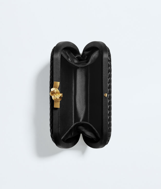 Minaudi&egrave;re clutch in Intreccio satin, featuring a sleek signature knot closure., , hi-res