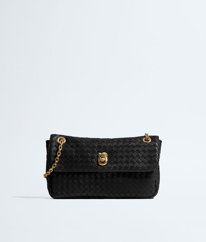 Shoulder bag in Intrecciato leather with malleable memory flap, sculptural knot closure and sliding cross-body chain, featuring a leather shoulder pad., , hi-res