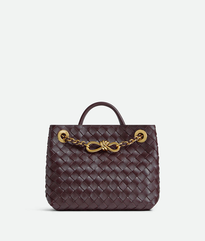 Top handle bag in supple Intrecciato leather with signature knot detail and tubular leather braided metal chain., , hi-res