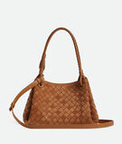 Shoulder bag in supple Intrecciato suede with signature knot detail and detachable cross-body strap., , hi-res