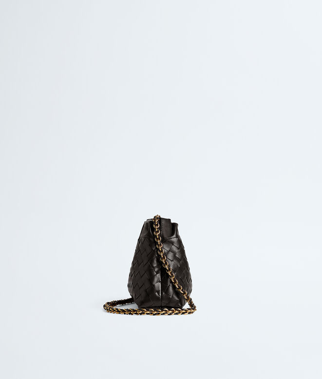 Dustbag in Intrecciato calf leather with tubular leather braided metal chain. Features a drawsting closure and loop attachment for shoulder carry., , hi-res
