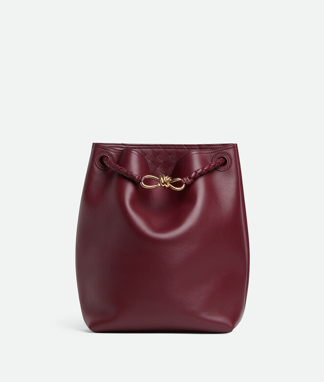 Bucket bag in silky calf leather with signature knot detail and sliding shoulder strap., , hi-res