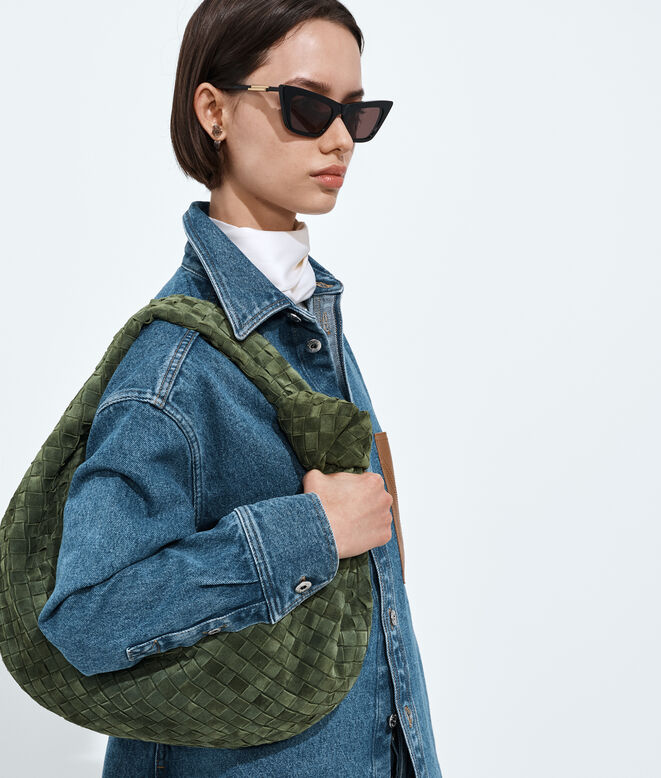 Shoulder bag with rounded shape and signature knot in Intrecciato suede., , hi-res