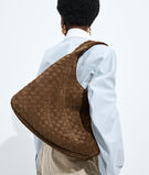 Shoulder bag with archival silhouette in soft Intrecciato suede, featuring a tie closure., , hi-res