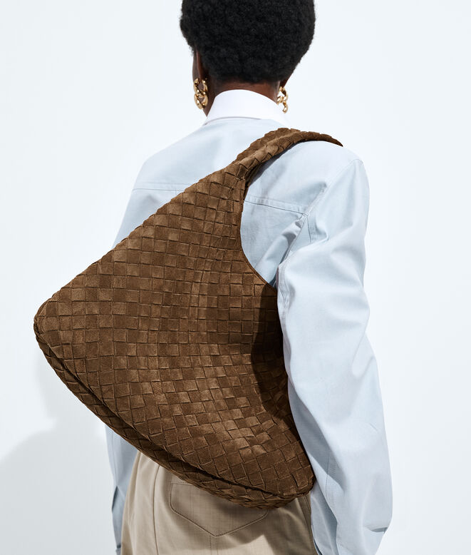 Shoulder bag with archival silhouette in soft Intrecciato suede, featuring a tie closure., , hi-res