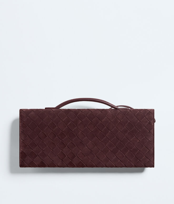 Top handle clutch in supple Intrecciato suede with signature knot closure., , hi-res
