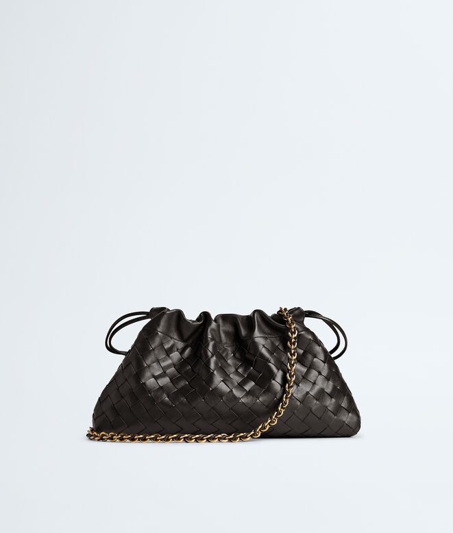 Dustbag in Intrecciato calf leather with tubular leather braided metal chain. Features a drawsting closure and loop attachment for shoulder carry., , hi-res