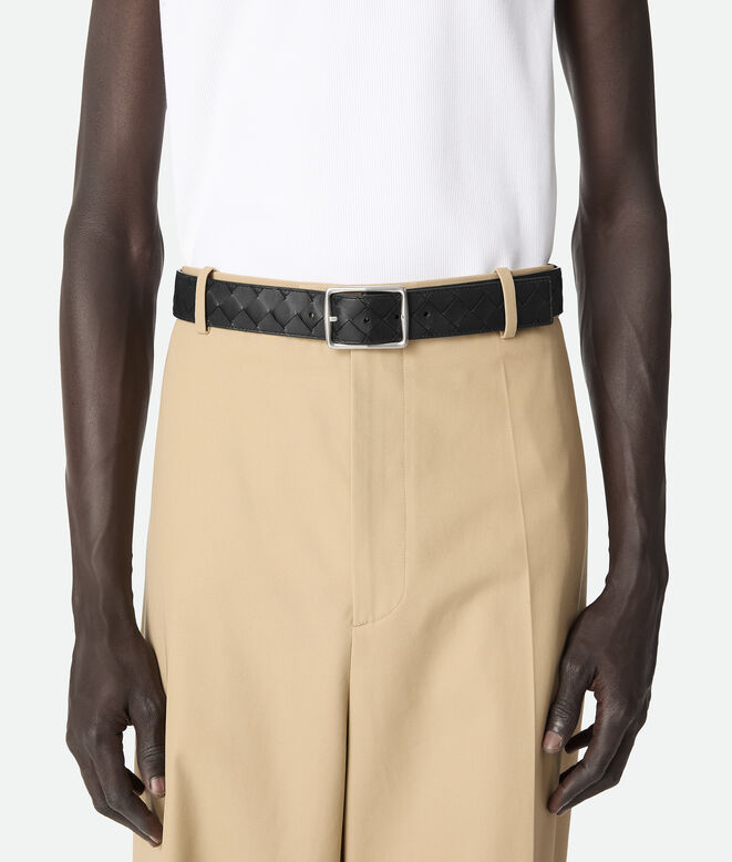 Reversible belt in Intrecciato calf leather with metal buckle., , hi-res