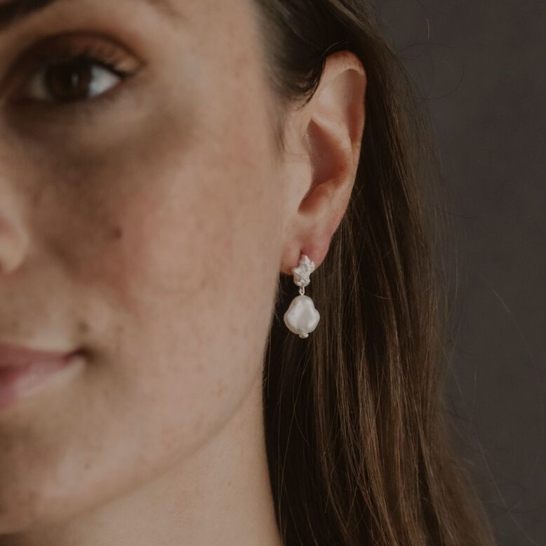 Silver Pearl Lichen Drop Earrings, , hi-res