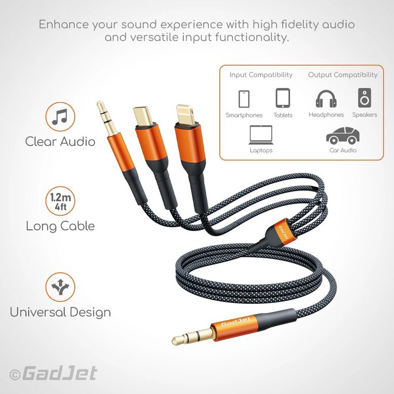GadJet 3-in-1 Aux Audio Cable for 3.5mm AUX, Lightning + USB-C, , hi-res