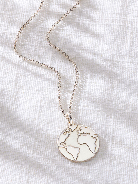Sterling Silver Globe Charm Necklace, , hi-res