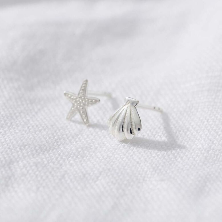 Sterling Silver Starfish and Shell Stud Earrings, , hi-res