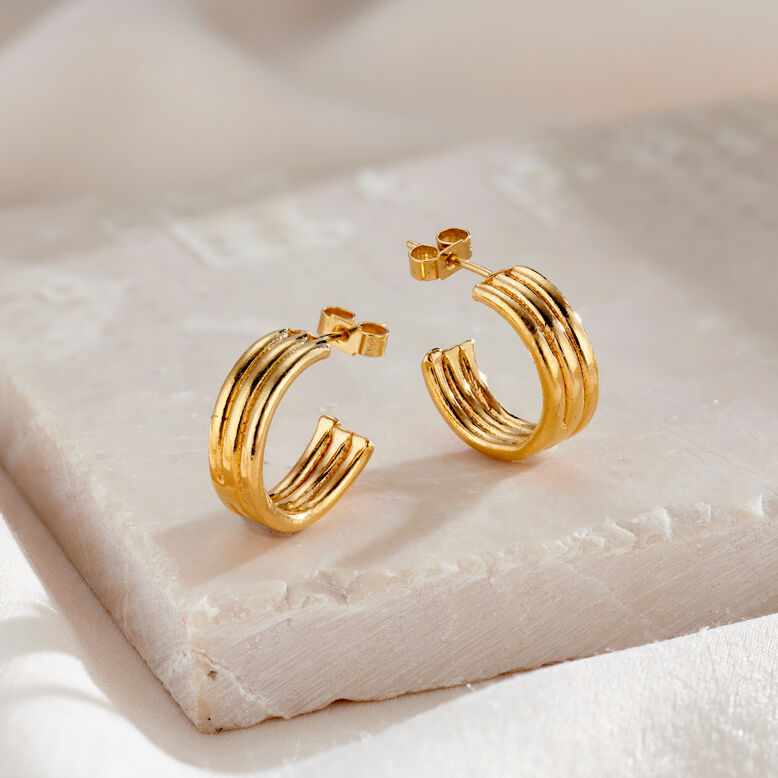 Yellow Gold Plated Column Hoop Earrings, , hi-res