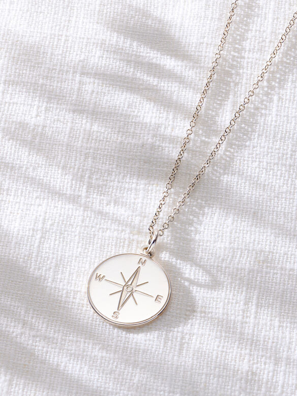 Sterling Silver Compass Charm Necklace, , hi-res