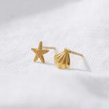 Starfish and Shell Stud Earrings with Yellow Gold Plating, , hi-res