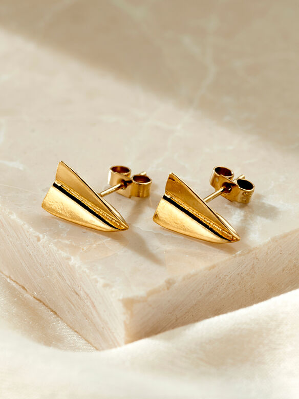 Yellow Gold Plated Paper Plane Stud Earrings, , hi-res