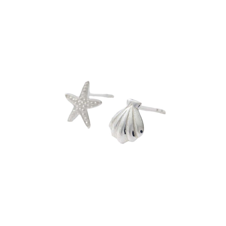 Sterling Silver Starfish and Shell Stud Earrings, , hi-res