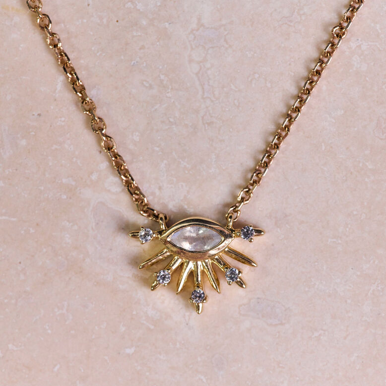 Moonstone &amp; White Sapphire Sunburst Necklace 9k Gold, , hi-res