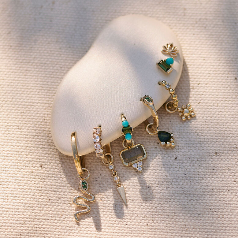 Green Tourmaline &amp; Turquoise Huggie Hoop Earring 9k Gold Single, , hi-res