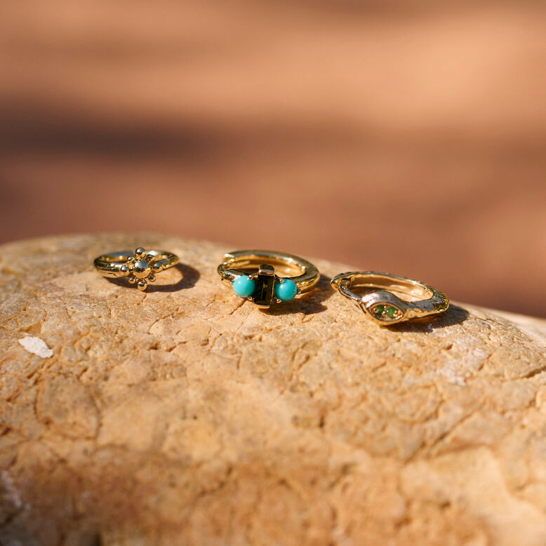 Green Tourmaline &amp; Turquoise Huggie Hoop Earring 9k Gold Single, , hi-res